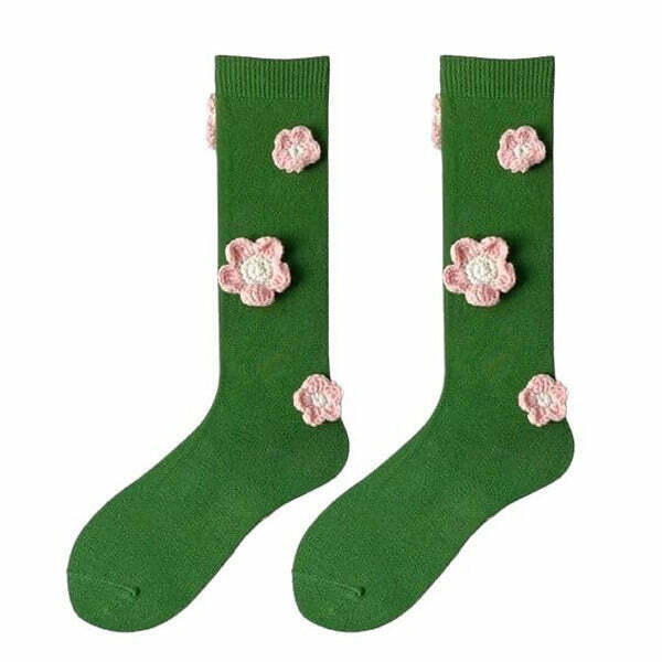 Y2K & 90s Fashion Flower Embroidery Knee Socks - Retro Grunge, Pastel Goth, Summer Outfits