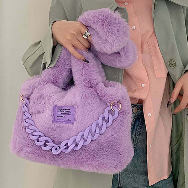 Y2K & 90s Fashion Fluffy Chain Shoulder Bag - Retro Grunge, Pastel Goth, Popstar Style