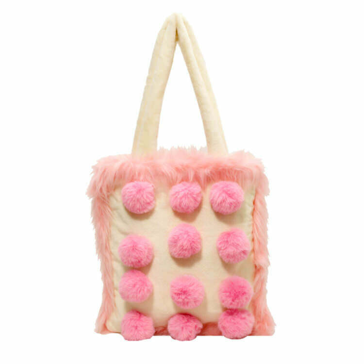 Y2K & 90s Fashion Fluffy Pink Pom Poms Bag - Perfect for Grunge, Retro, and Summer