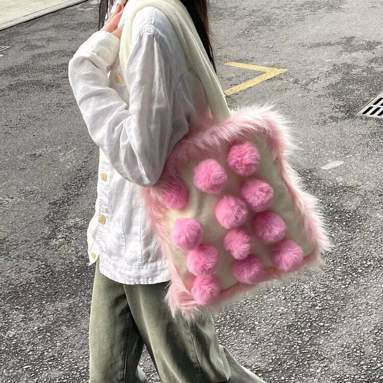 Y2K & 90s Fashion Fluffy Pink Pom Poms Bag - Perfect for Grunge, Retro, and Summer