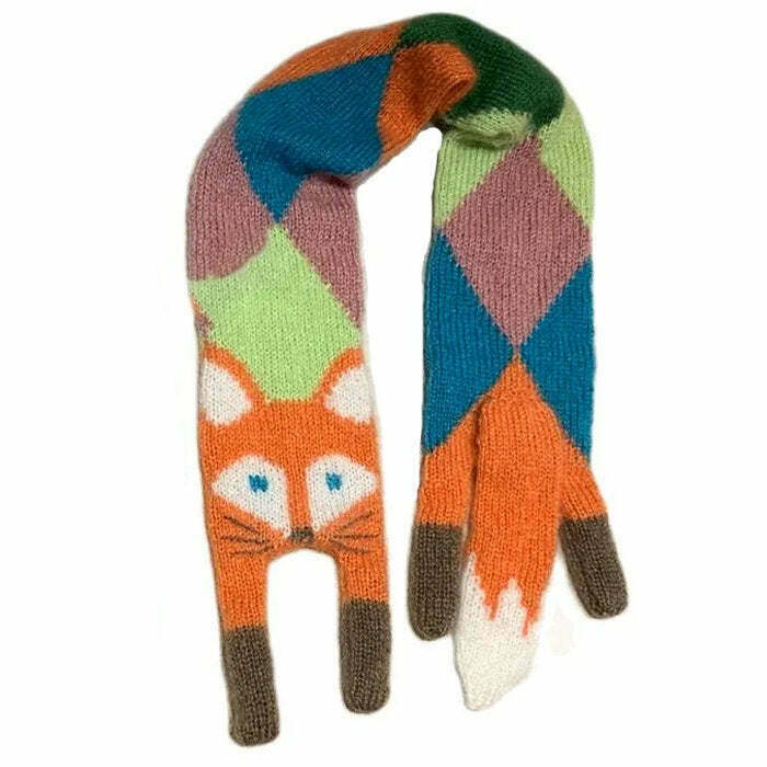 Y2K & 90s Fashion Fox Knitted Scarf - Retro Grunge, Pastel Goth, Summer &