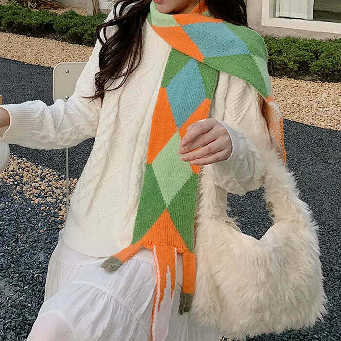 Y2K & 90s Fashion Fox Knitted Scarf - Retro Grunge, Pastel Goth, Summer &