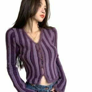 Y2K & 90s Fashion: French Vintage Plush Stripe Cardigan - Grunge, Retro, Summer Outfits