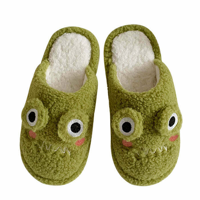 Y2K & 90s Fashion Frog Fuzzy Slippers - Retro Grunge, Pastel Goth, Summer &