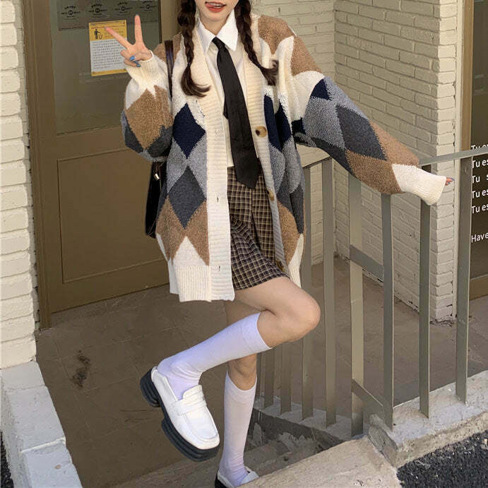 Y2K & 90s Fashion: Grandma Aesthetic Argyle Cardigan - Retro Grunge Summer Outfit