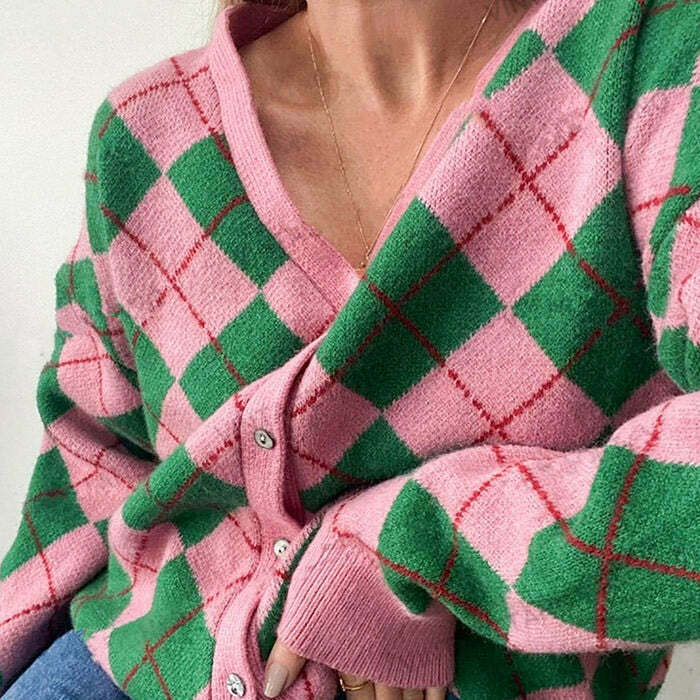 Y2K & 90s Fashion Green & Pink Argyle Pattern Cardigan - Retro Grunge Summer Outfit