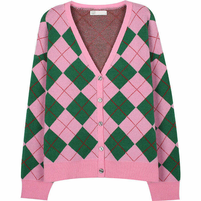 Y2K & 90s Fashion Green & Pink Argyle Pattern Cardigan - Retro Grunge Summer Outfit