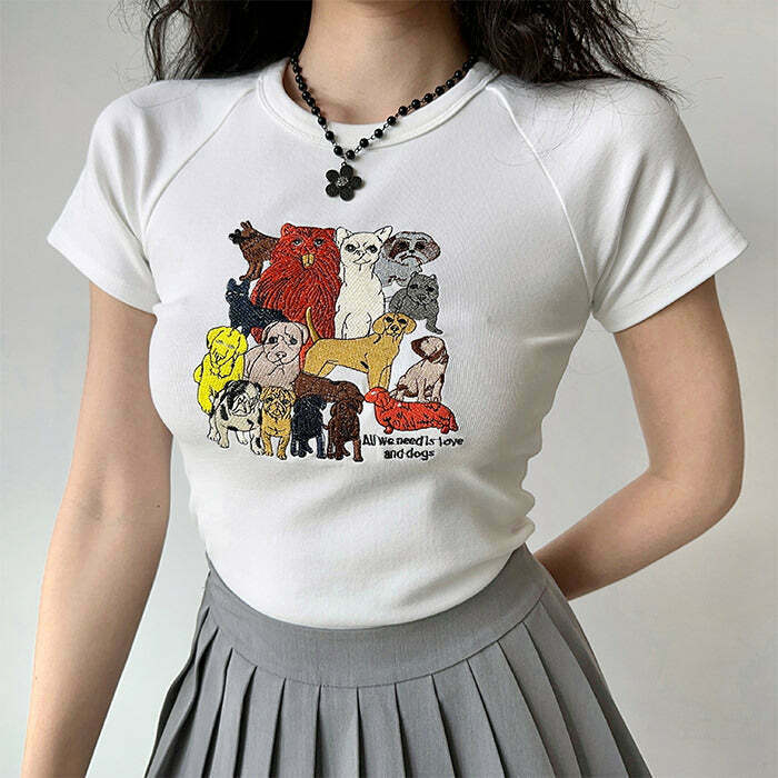 Y2K & 90s Fashion Grunge Dogs Embroidery Graphic Tee - Retro Summer Outfit Essentials