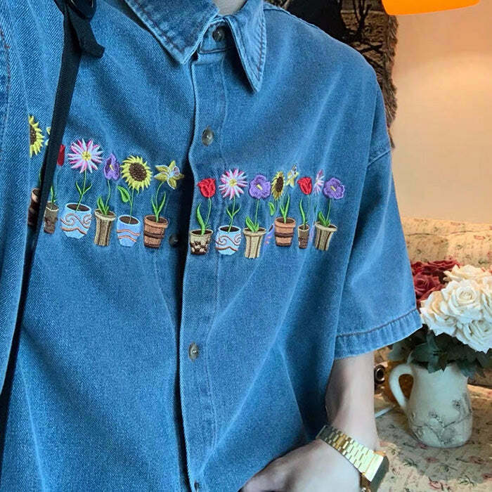 Y2K & 90s Fashion Grunge Embroidered Denim Shirt - Retro Summer Outfit, Y2K Top