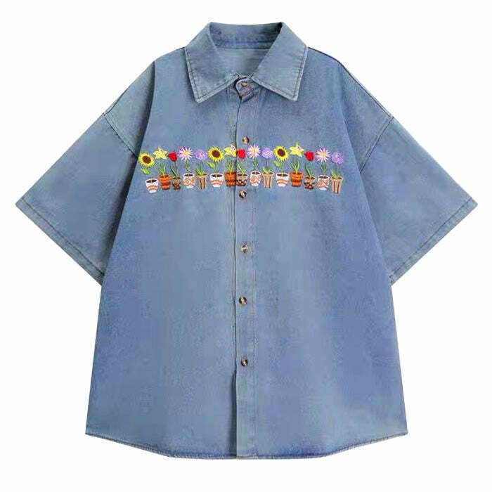 Y2K & 90s Fashion Grunge Embroidered Denim Shirt - Retro Summer Outfit, Y2K Top