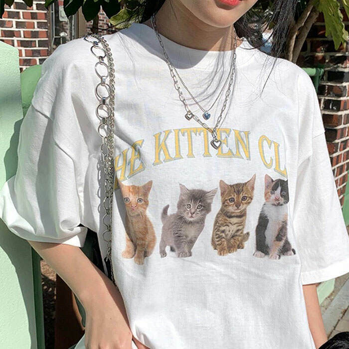 Y2K & 90s Fashion Grunge Kitten Club T-Shirt - Retro Summer Outfit, Baby Tees, Y