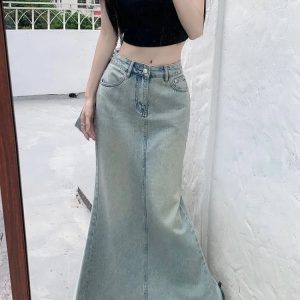 Y2K & 90s Fashion Grunge Long Denim Skirt - Retro Y2K Summer Outfit Essential