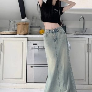 Y2K & 90s Fashion Grunge Long Denim Skirt - Retro Y2K Summer Outfit Essential