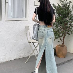 Y2K & 90s Fashion Grunge Long Denim Skirt - Retro Y2K Summer Outfit Essential