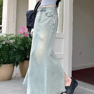 Y2K & 90s Fashion Grunge Long Denim Skirt - Retro Y2K Summer Outfit Essential