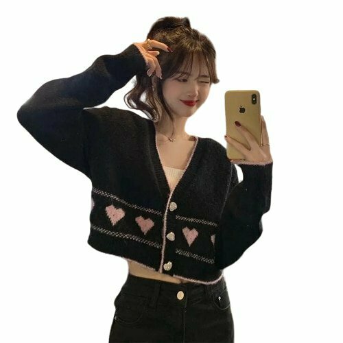 Y2K & 90s Fashion Heart Button Knit Cardigan - Retro Grunge, Summer & Party Outfits