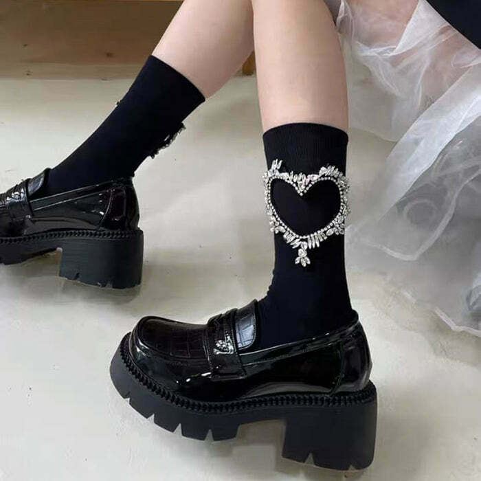 Y2K & 90s Fashion Heart Rhinestone Socks - Perfect for Grunge, Retro, and Summer Outfits