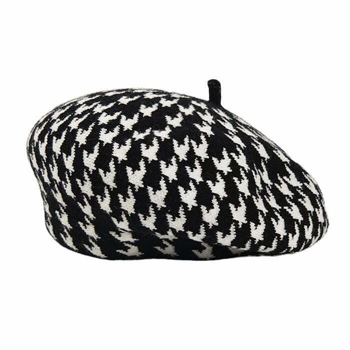 Y2K & 90s Fashion Houndstooth Beret - Retro Grunge, Pastel Goth, Summer