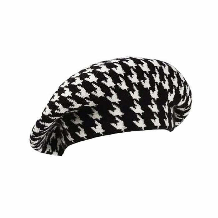 Y2K & 90s Fashion Houndstooth Beret - Retro Grunge, Pastel Goth, Summer