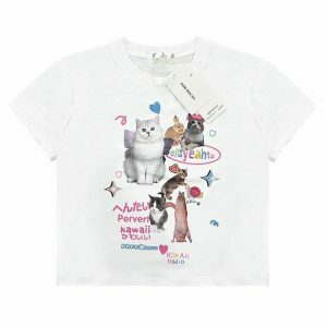 Y2K & 90s Fashion Japanese Cat Print Graphic T-shirt - Retro Grunge Summer Outfit