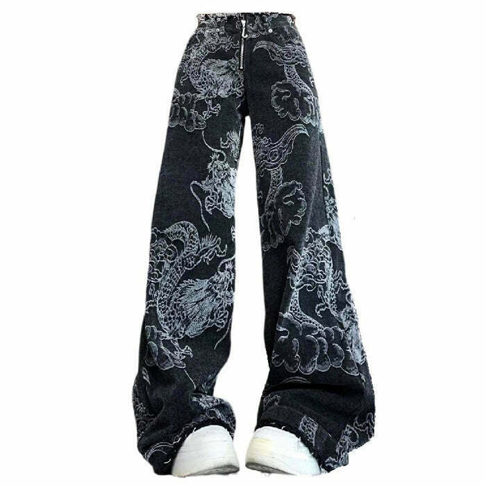 Y2K & 90s Fashion Japanese Dragon Aesthetic Jeans - Grunge, Retro, Hip Hop, Summer Outfits