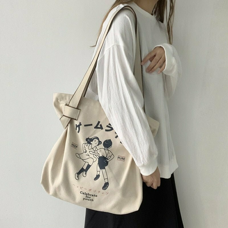 Y2K & 90s Fashion Japanese Style Canvas Shopping Bag - Retro, Grunge, and Pastel Goth Vibes