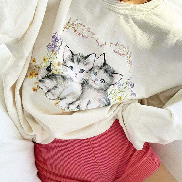 Y2K & 90s Fashion Kitty Sweatshirt - Retro Grunge, Summer Outfits, Pastel Goth Style