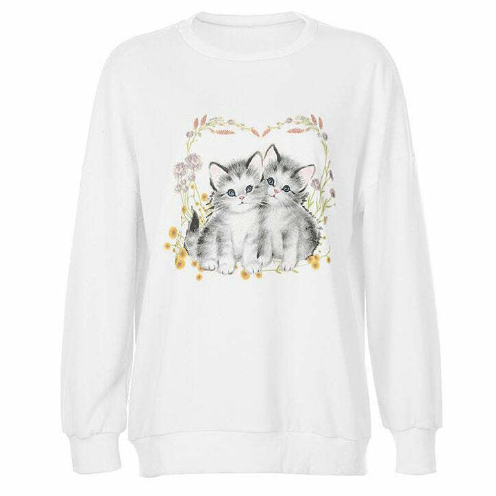 Y2K & 90s Fashion Kitty Sweatshirt - Retro Grunge, Summer Outfits, Pastel Goth Style