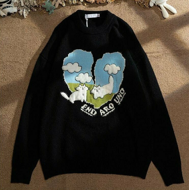 Y2K & 90s Fashion Knitted Sweater - Heart, Cat, Cloud Design | Retro Grunge Y2