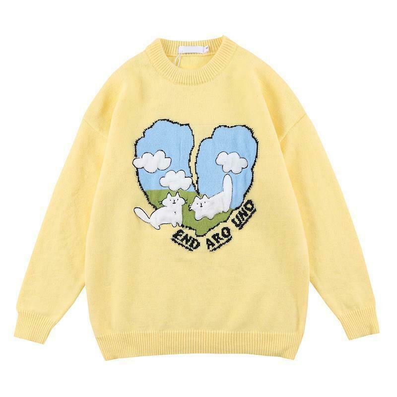 Y2K & 90s Fashion Knitted Sweater - Heart, Cat, Cloud Design | Retro Grunge Y2