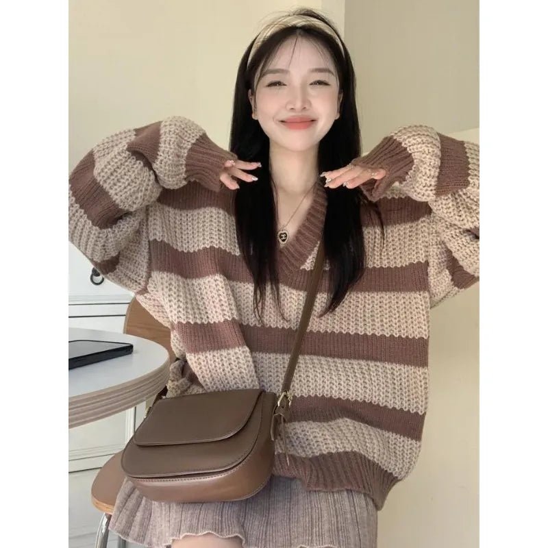 Y2K & 90s Fashion Korean Striped Oversize Sweater - Grunge, Retro, Summer, Party Out