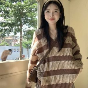 Y2K & 90s Fashion Korean Striped Oversize Sweater - Grunge, Retro, Summer, Party Out