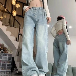 Y2K & 90s Fashion Light Blue Straight Jeans - Retro, Grunge, Summer, Party & Club Outfits