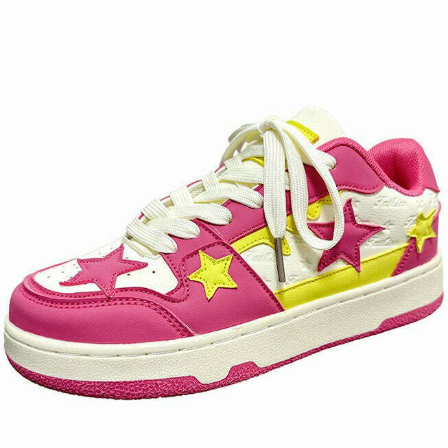 Y2K & 90s Fashion Lollipop Candy Pink & Yellow Star Sneakers - Retro Grunge Summer Outfit