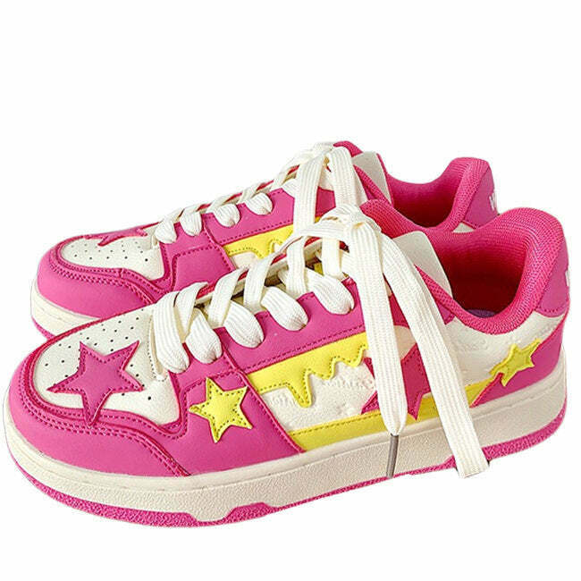 Y2K & 90s Fashion Lollipop Candy Pink & Yellow Star Sneakers - Retro Grunge Summer Outfit