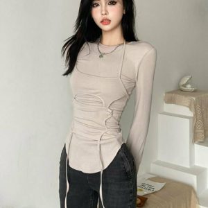 Y2K & 90s Fashion Long Sleeve Bandage T-Shirt - Grunge, Retro, Summer, Party, Club