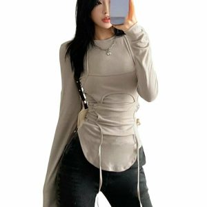 Y2K & 90s Fashion Long Sleeve Bandage T-Shirt - Grunge, Retro, Summer, Party, Club