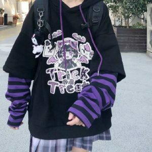 Y2K & 90s Fashion Long-Sleeved Anime Hoodie - Grunge, Retro, Pastel Goth, Summer