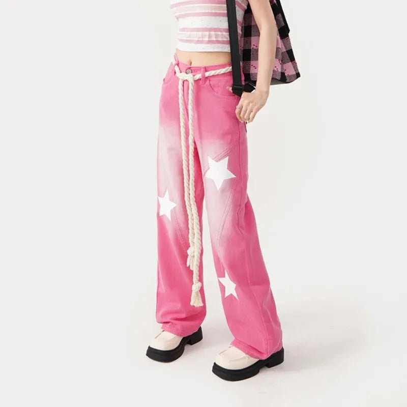 Y2K & 90s Fashion Pink Blue Baggy Star Jeans - Retro Grunge Summer Outfit Essentials