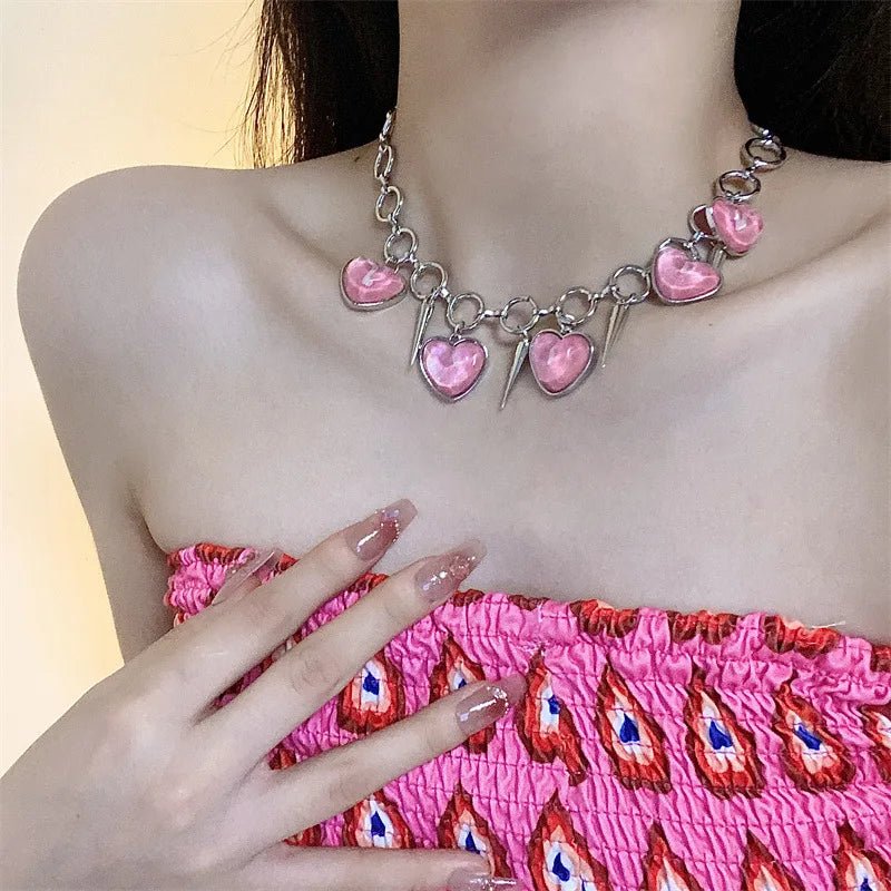 "Y2K & 90s Fashion Pink Heart Tassel Necklace - Retro, Grunge, Pastel Goth, Summer