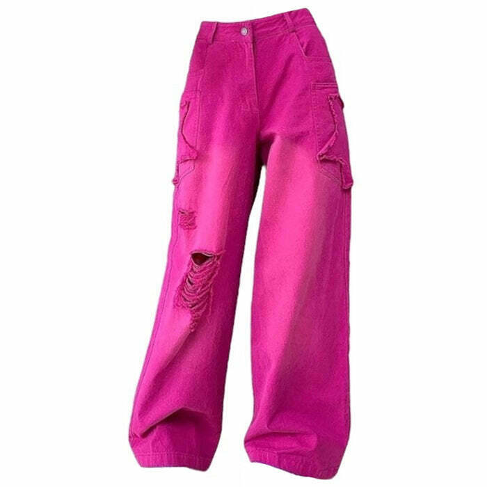 Y2K & 90s Fashion: Pink Star Ripped Baggy Jeans - Grunge, Retro, Summer, Party