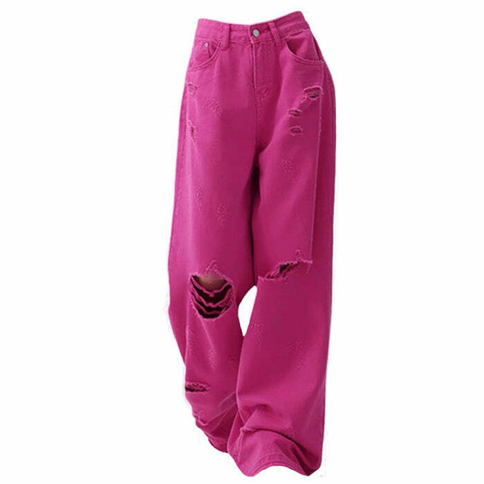 Y2K & 90s Fashion: Pink Star Ripped Baggy Jeans - Grunge, Retro, Summer, Party