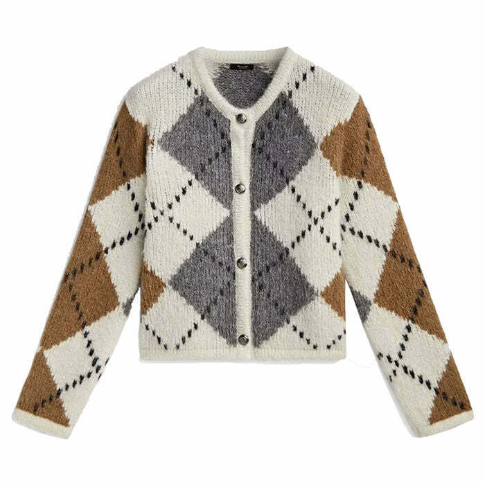 Y2K & 90s Fashion Preppy Aesthetic Argyle Cardigan - Retro Grunge Summer Outfit