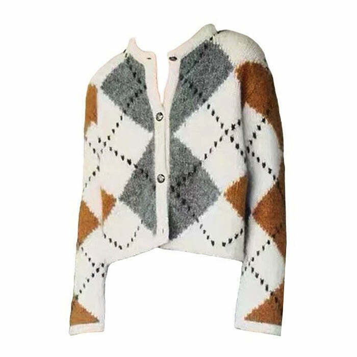 Y2K & 90s Fashion Preppy Aesthetic Argyle Cardigan - Retro Grunge Summer Outfit