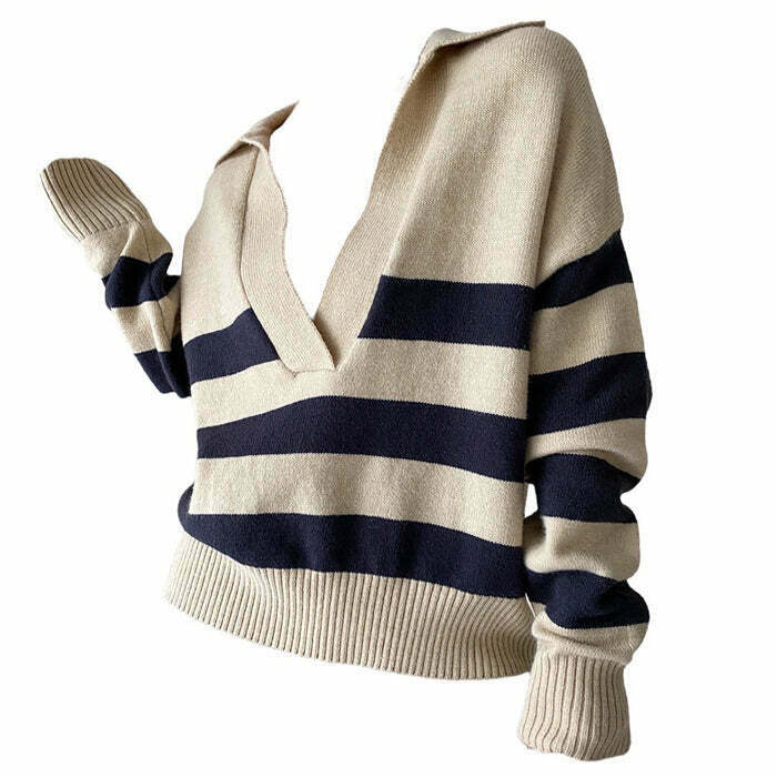 Y2K & 90s Fashion Preppy Collar Striped Pullover - Retro Grunge Summer Outfit