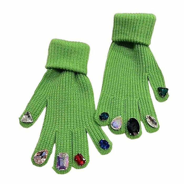 Y2K & 90s Fashion Rhinestone Knit Gloves - Grunge, Retro, Pastel Goth, Summer &