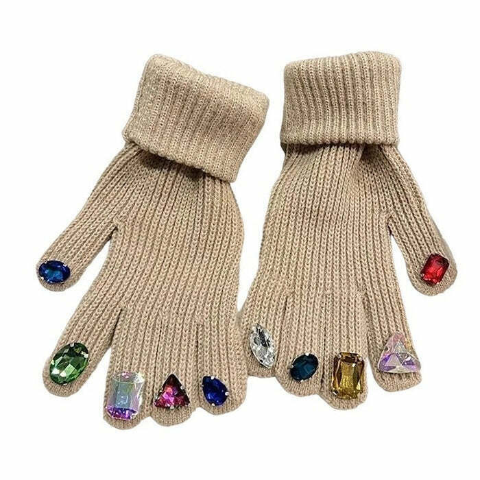 Y2K & 90s Fashion Rhinestone Knit Gloves - Grunge, Retro, Pastel Goth, Summer &