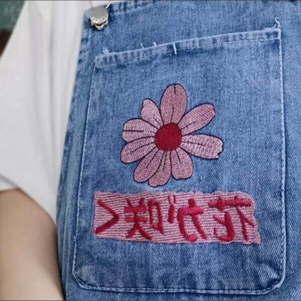 Y2K & 90s Fashion Sakura Embroidery Dungaree Shorts - Grunge, Retro, Summer Outfits