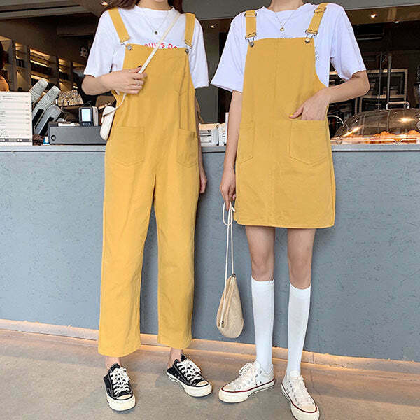 Y2K & 90s Fashion School Bus Dungarees - Retro Grunge Summer Outfit, Y2K Party