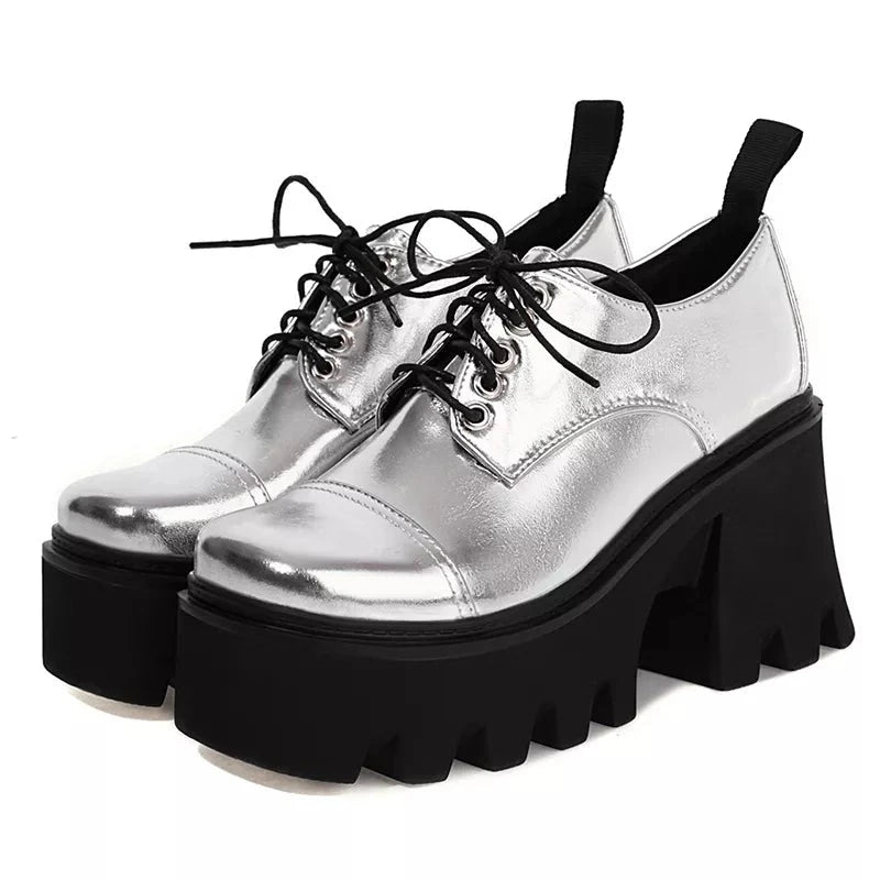 Y2K & 90s Fashion Silver Platform School Shoes - Retro Grunge, Goth, and Hip Hop Style